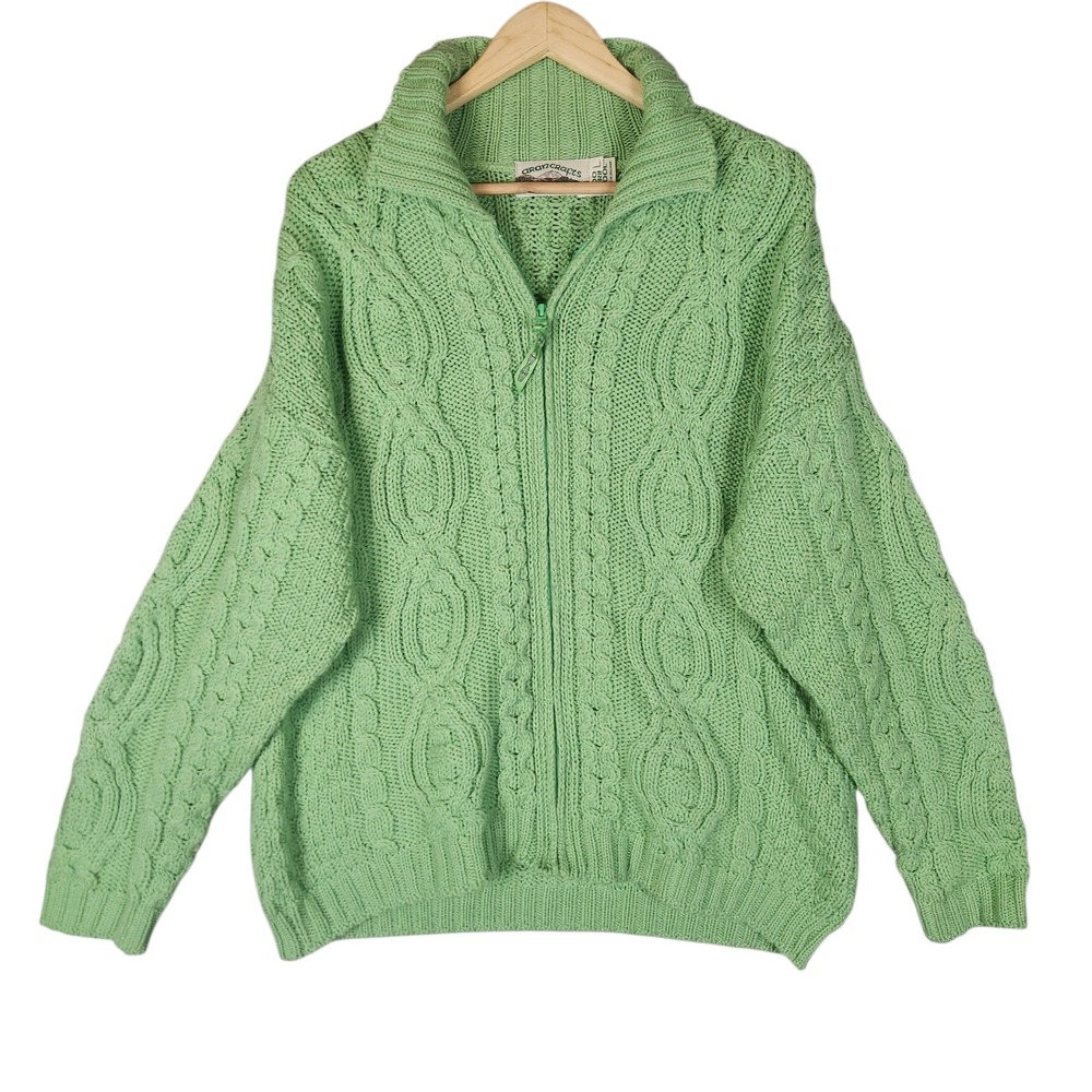 Aran Crafts Merino Wool Zip Front Cardigan Women's Large Green Cable Knit